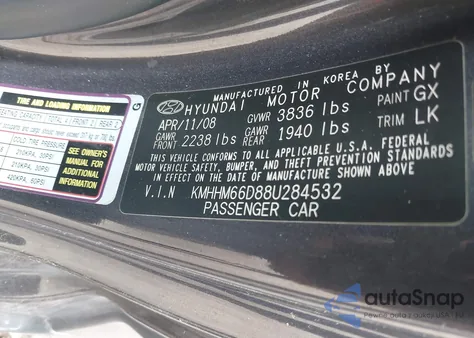 2008 Hyundai Tiburon Gs from USA, damaged, VIN KMHHM66D88U284532